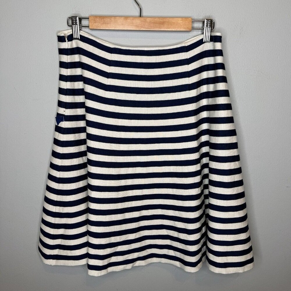 St. John Wool Blend Skirt Size 10 Navy Blue White Stripe A Line Nautical - Picture 2 of 6